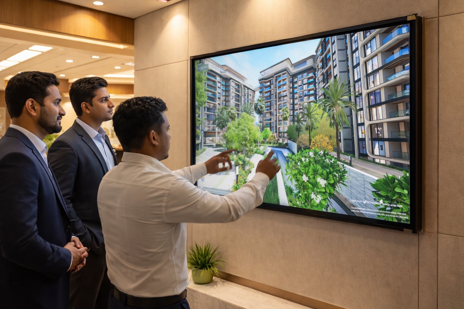 sales executive presenting an interactive 3D real estate walkthrough to buyers on a large digital screen