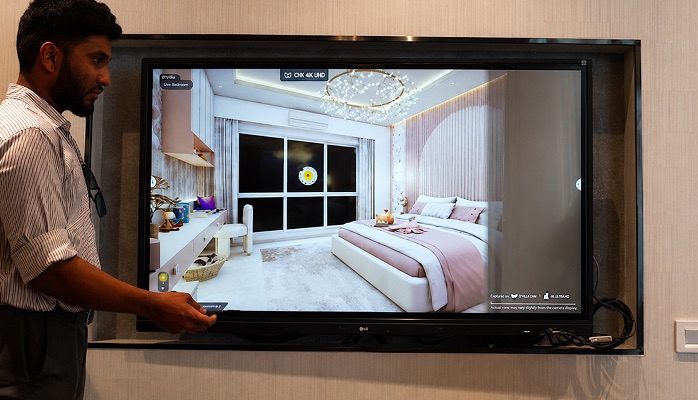 3D apartment walkthrough shown on interactive sales screen