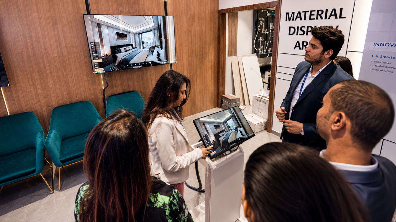 3D virtual property walkthrough on interactive screens in a real estate experience center