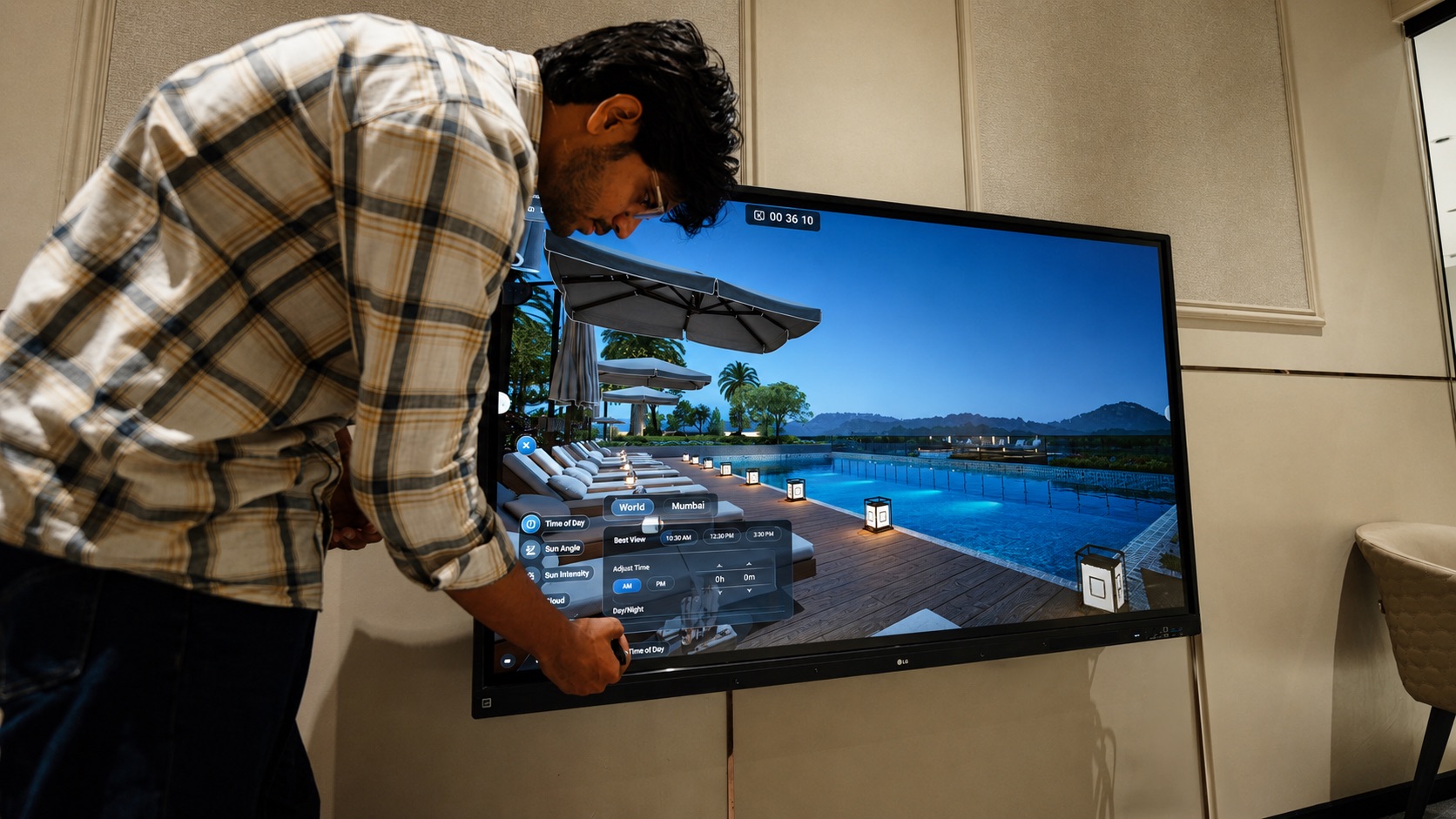 Buyer adjusting lighting and time settings in a poolside 3D walkthrough