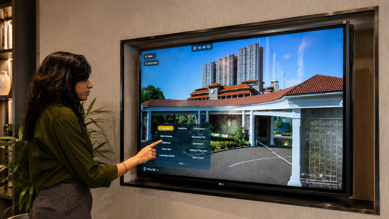 Buyer exploring clubhouse view through real estate 3D visualization
