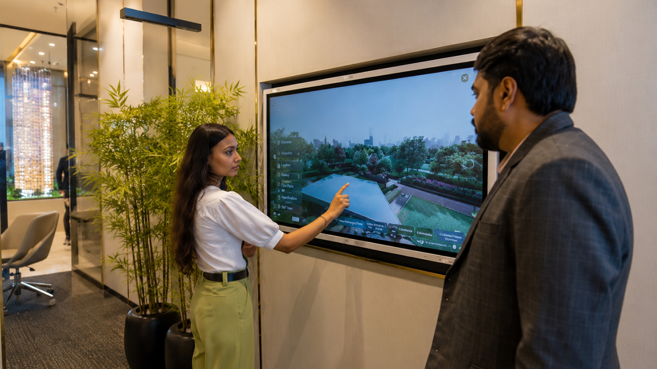 Buyer exploring landscape view through interactive real estate sales display