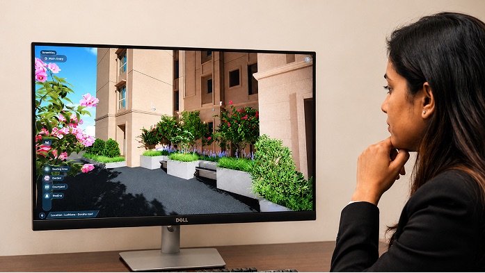 Buyer exploring landscaped property visualization