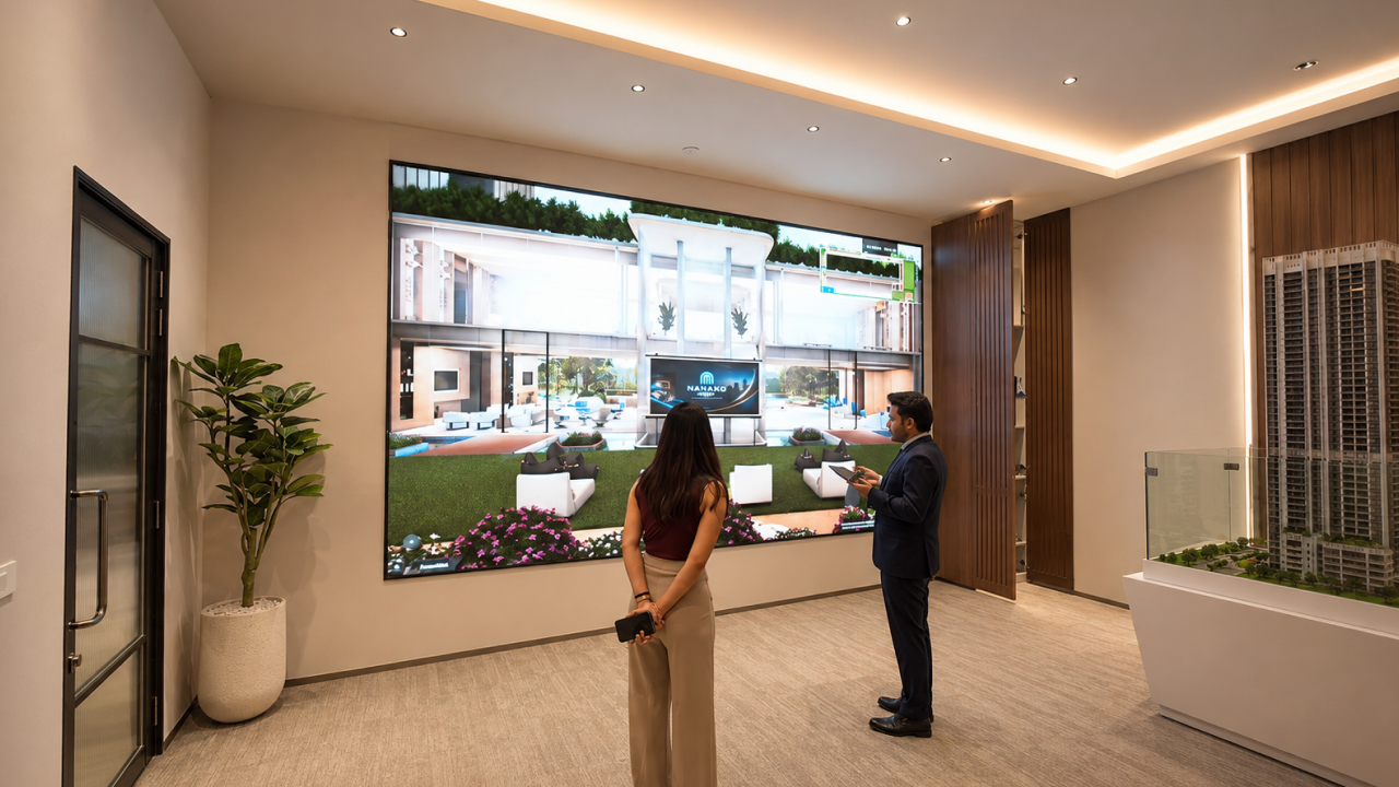 Buyer exploring project amenities through an interactive real estate display
