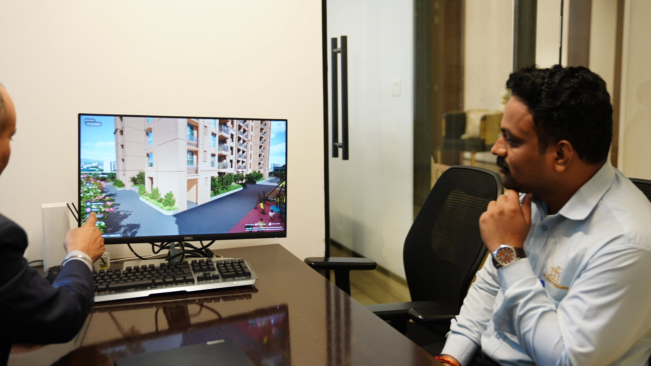 Buyer reviewing apartment exterior through 3D visualization