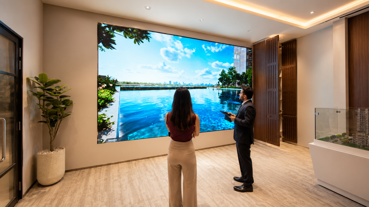 Buyer viewing children’s play area through interactive amenity visualization