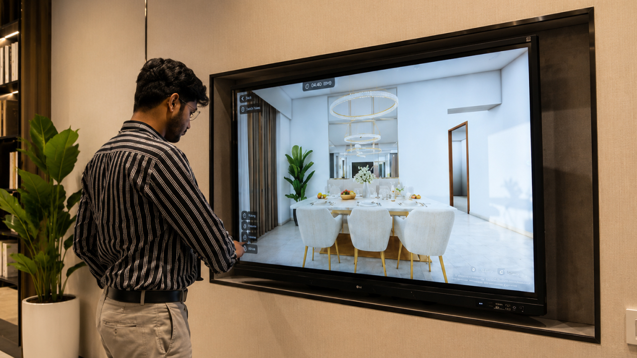 Buyer viewing interior walkthrough on interactive property display
