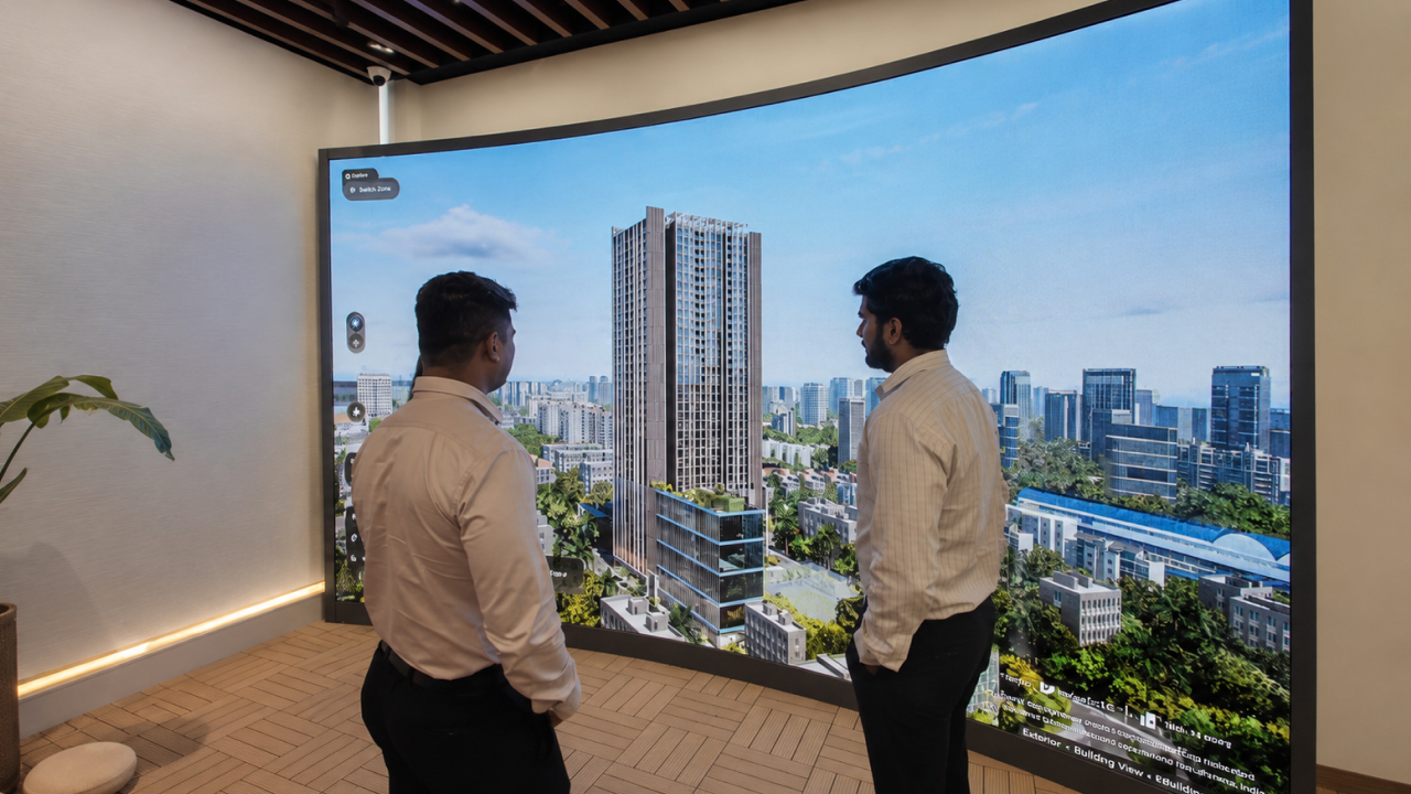 Buyers exploring a photorealistic 3D property visualization