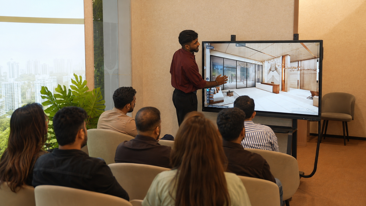 Buyers viewing a photorealistic 3D property walkthrough on a large display