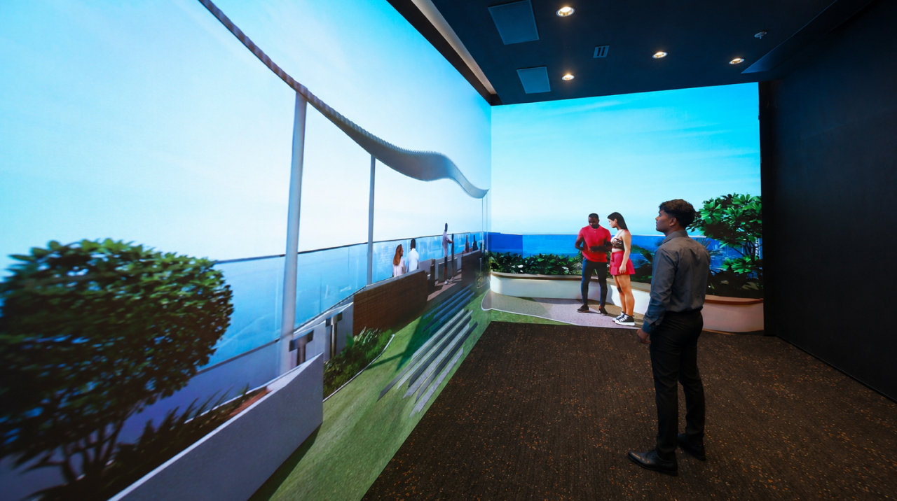 Immersive real estate projection room showing sea-facing balcony view