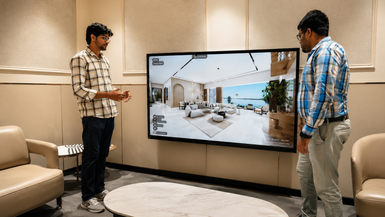 Interactive apartment walkthrough shown inside real estate sales lounge