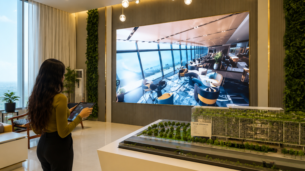 Interactive clubhouse walkthrough displayed beside physical property model