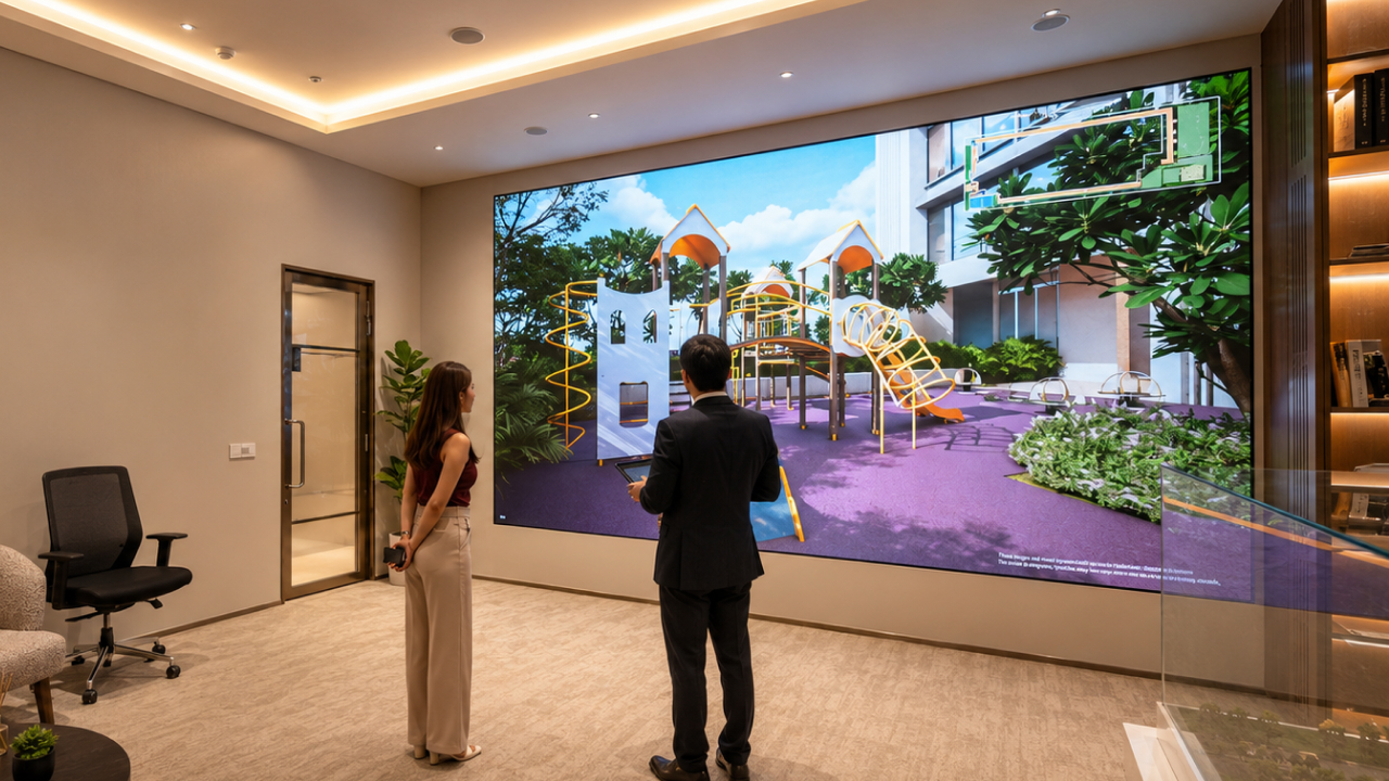 Interactive real estate presentation showcasing swimming pool and lifestyle amenities