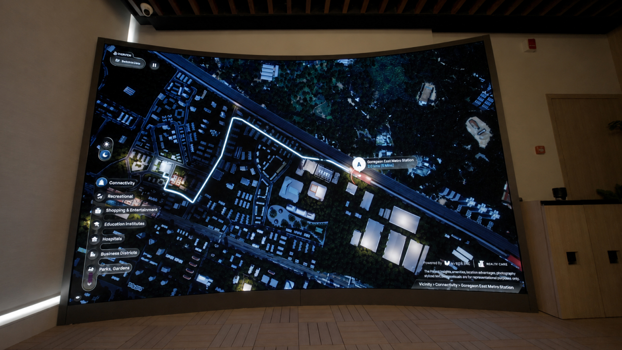 Interactive vicinity mapping on a curved real estate display.
