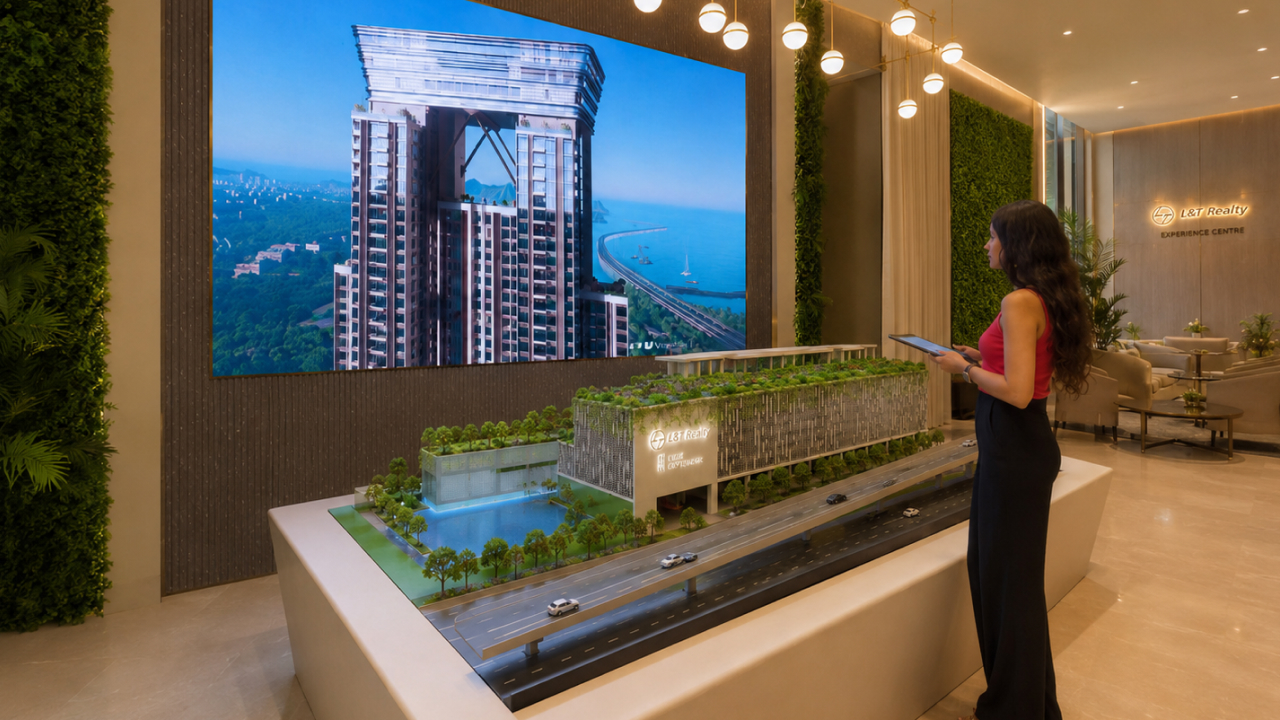 L&T Realty experience centre with project model and digital tower visualization