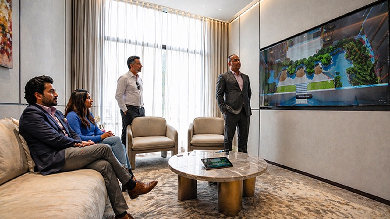 Luxury buyers exploring rooftop amenities through 3D visualization