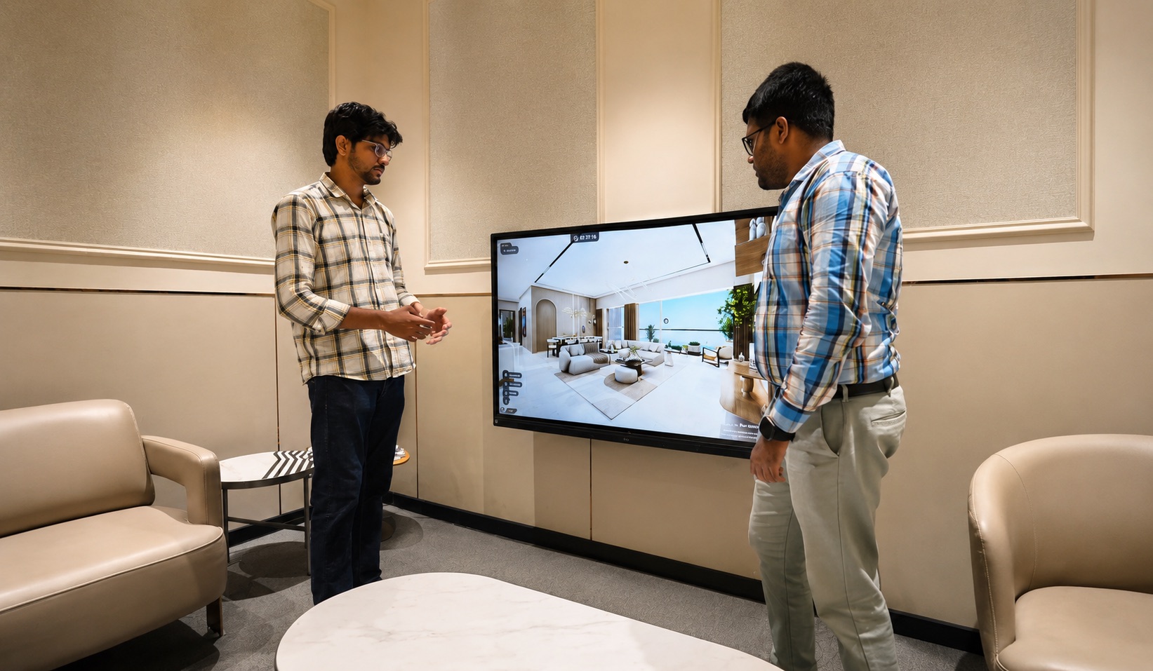 Photorealistic apartment walkthrough displayed for a property buyer