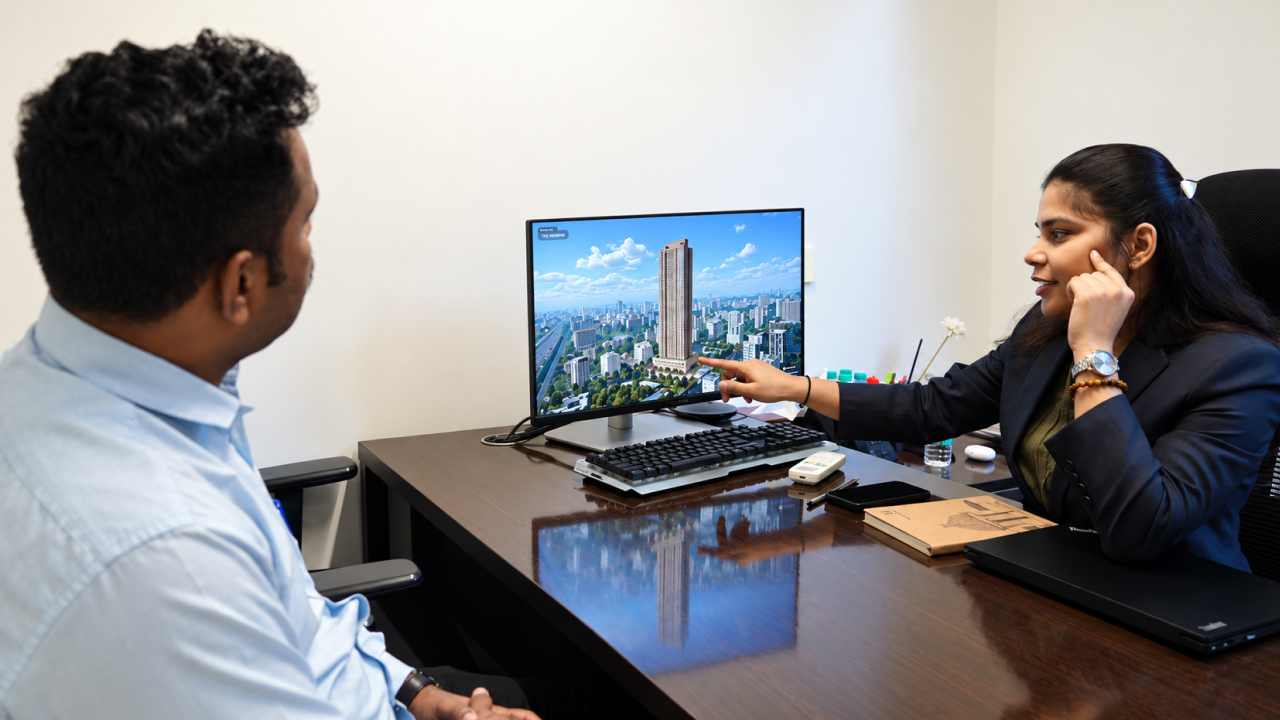 Property consultant presenting a digital real estate project visualization to a buyer.