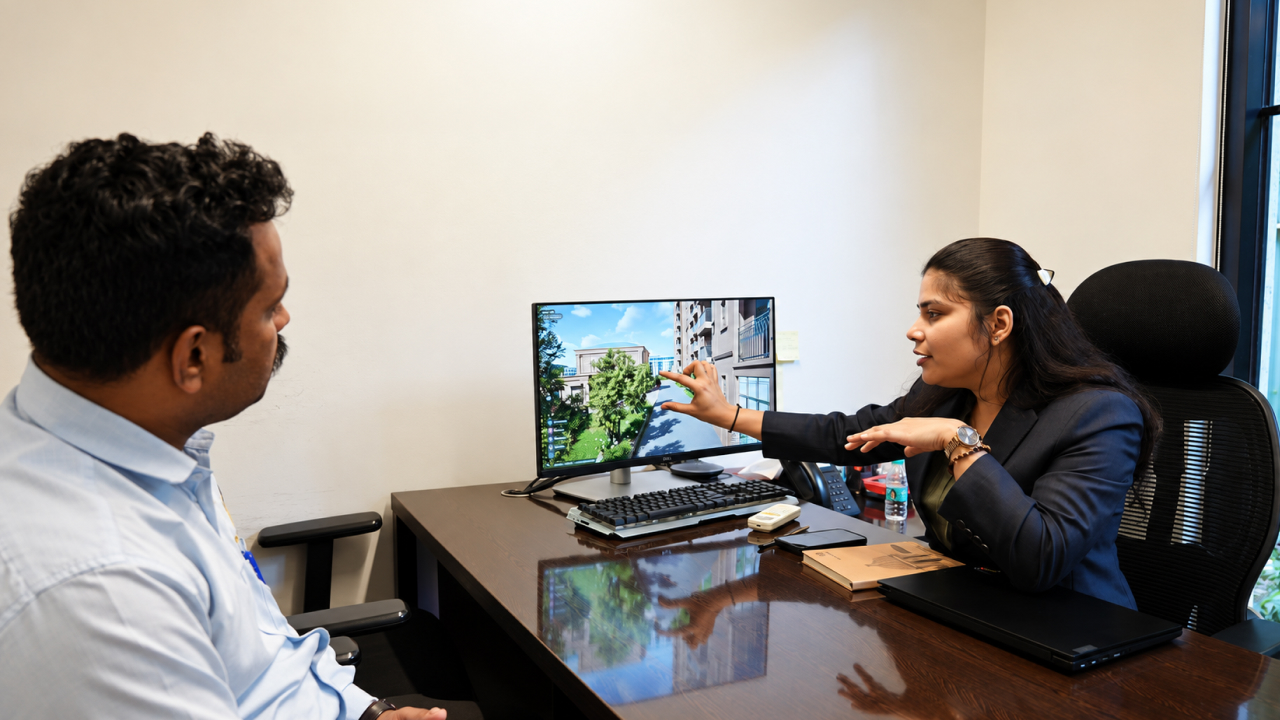 Property consultant presenting an interactive 3D project walkthrough to a buyer.