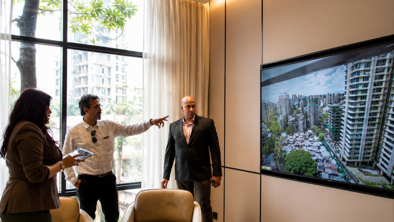 Real estate sales team presenting a 3D city view on a large display