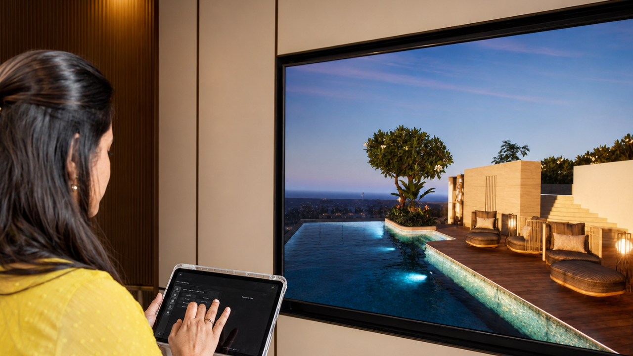 Sales consultant controlling a rooftop amenity visualisation through a tablet
