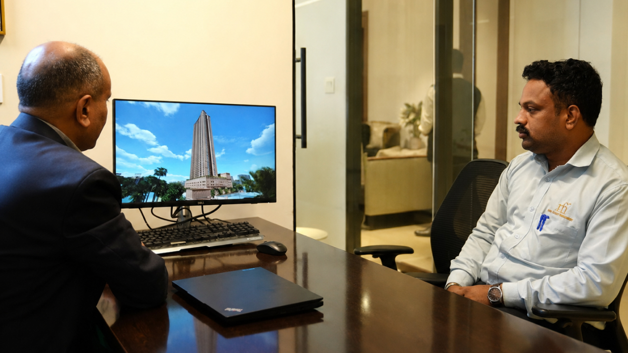 Sales consultant explaining project details through real estate digital twin