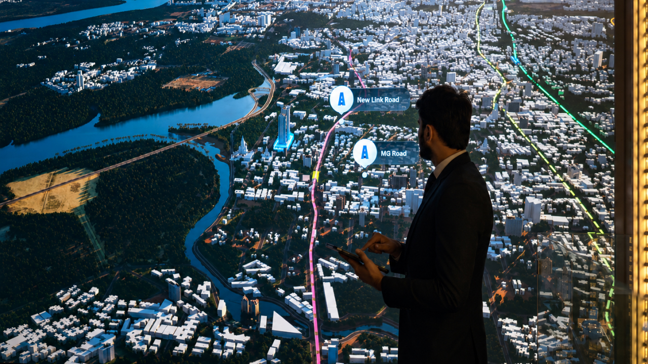 Sales consultant presenting project connectivity through interactive vicinity mapping