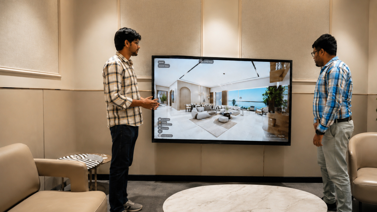 Sales executive presenting interior walkthrough on interactive property display