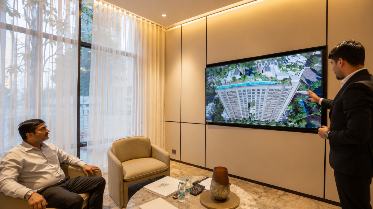 Sales executive presenting tower amenities through interactive property display