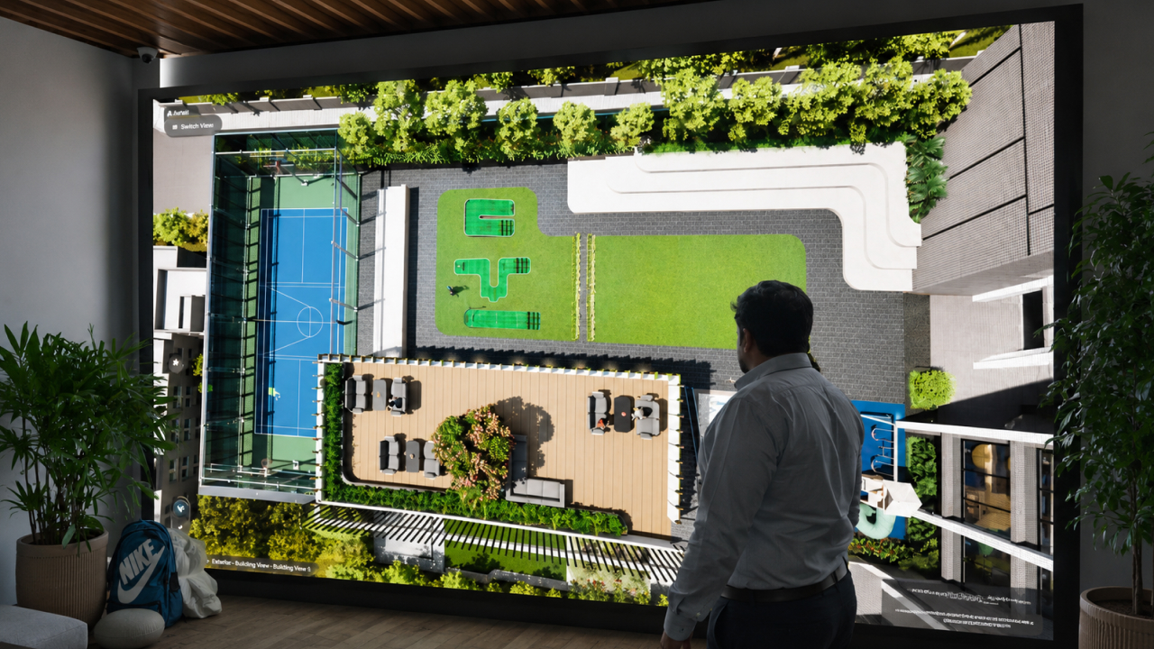 Sales executive showcasing rooftop amenities through 3D real estate visualization