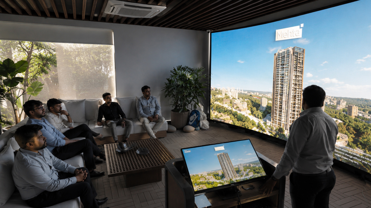 Sales team presenting 3D tower visualization on immersive display.