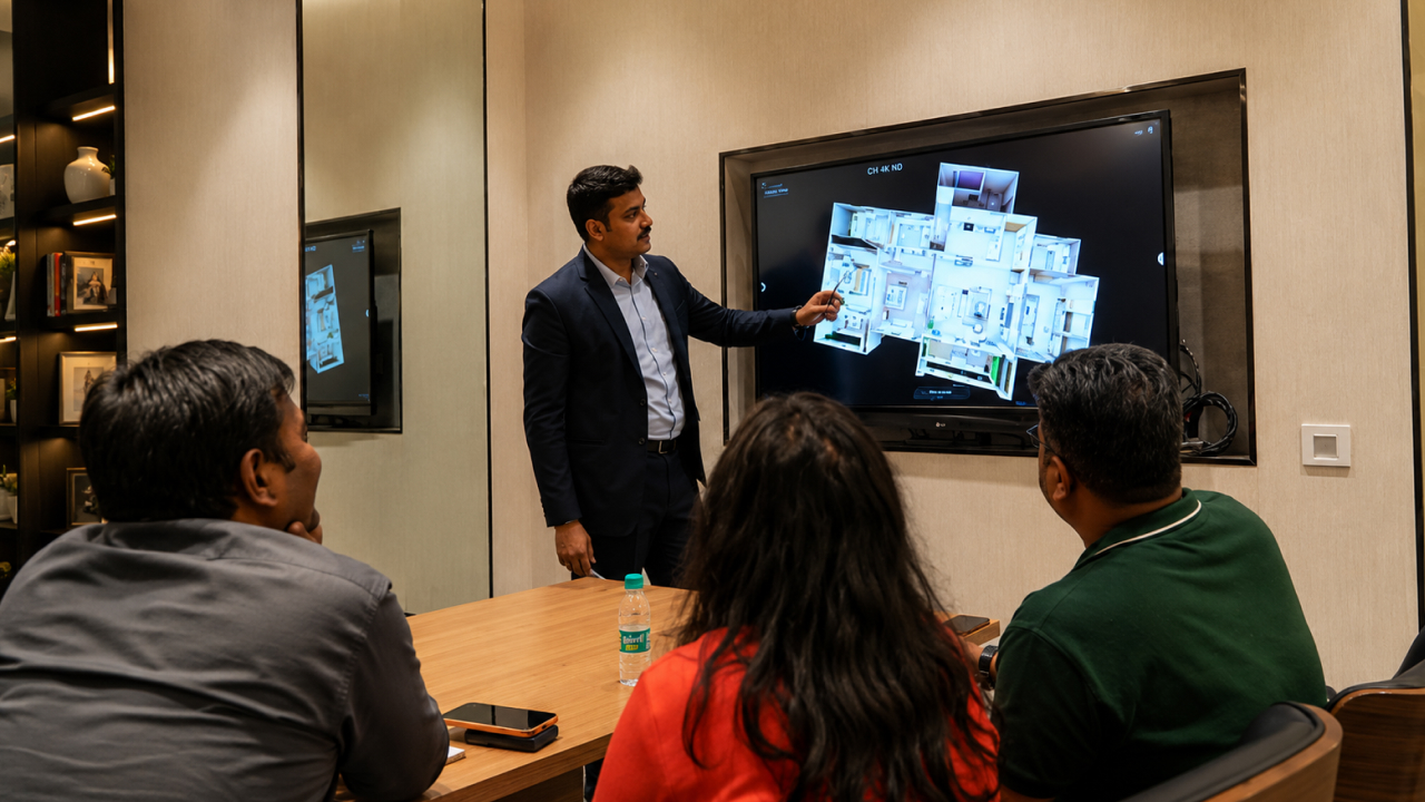 Sales team presenting apartment layout through real estate digital twin