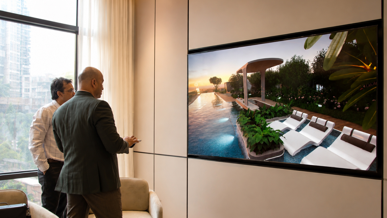 Two buyers exploring V-Estate luxury amenity 3D render at project launch event
