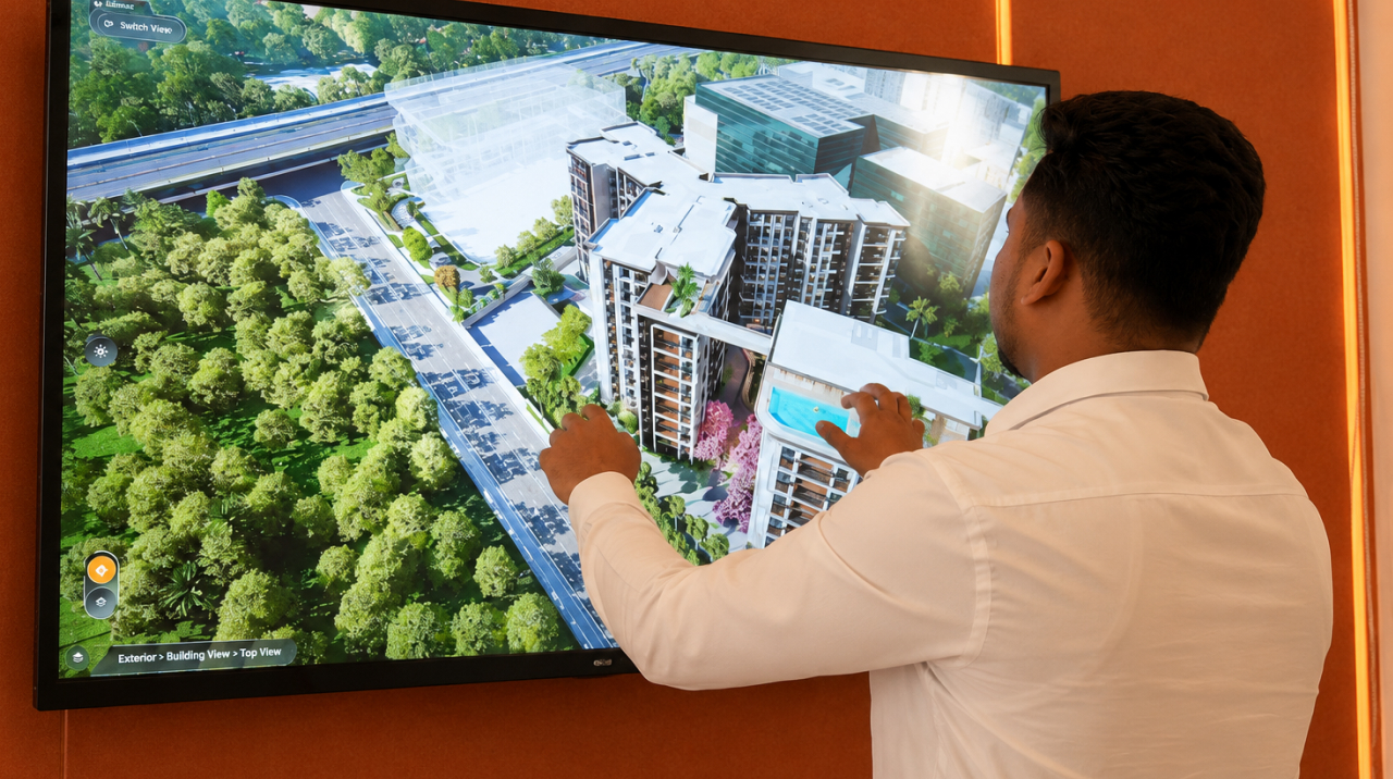 Virtual experience centers for luxury real estate showcasing an interactive 3D project view on a touchscreen.