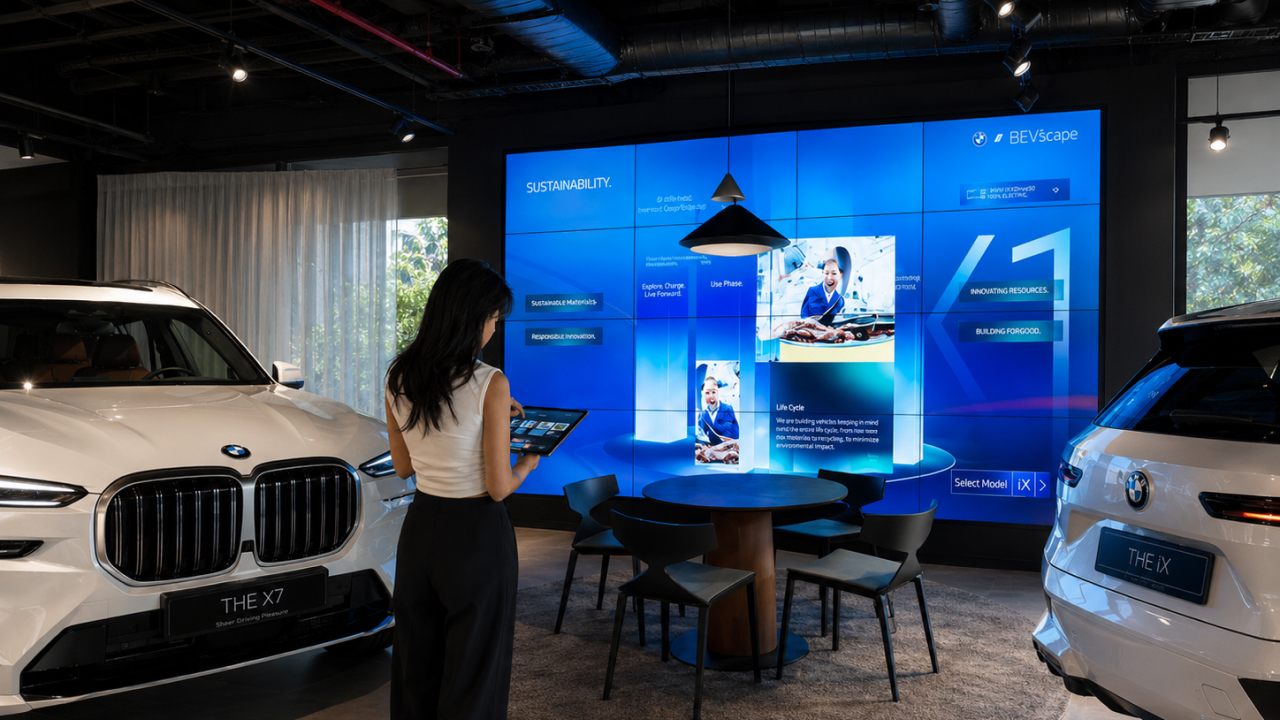 Visitor exploring the BEVScape interactive digital display between BMW vehicles in a showroom