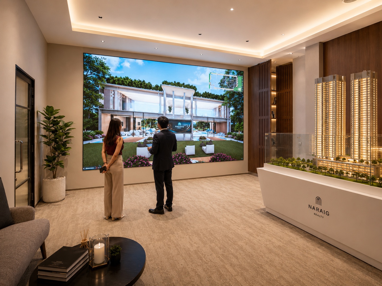 digital screen displaying villa walkthrough beside a scaled property model.