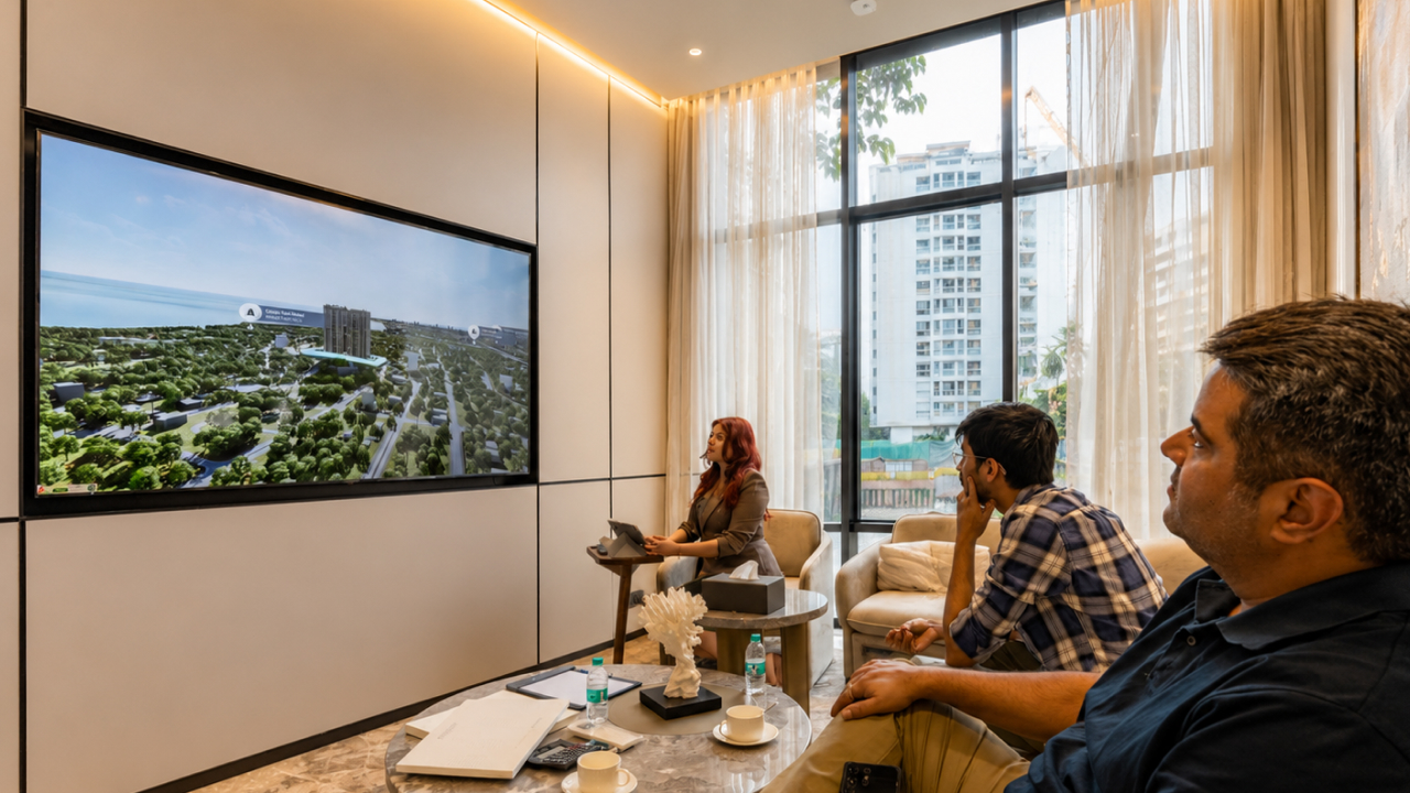 exploring a real estate vicinity map in a digital sales lounge