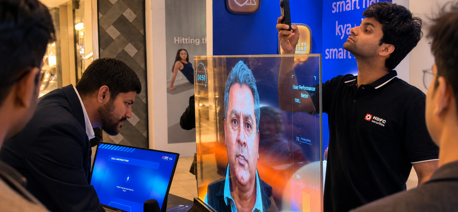 Participant speaking into a microphone during a live interaction with the HDFC Securities AI avatar