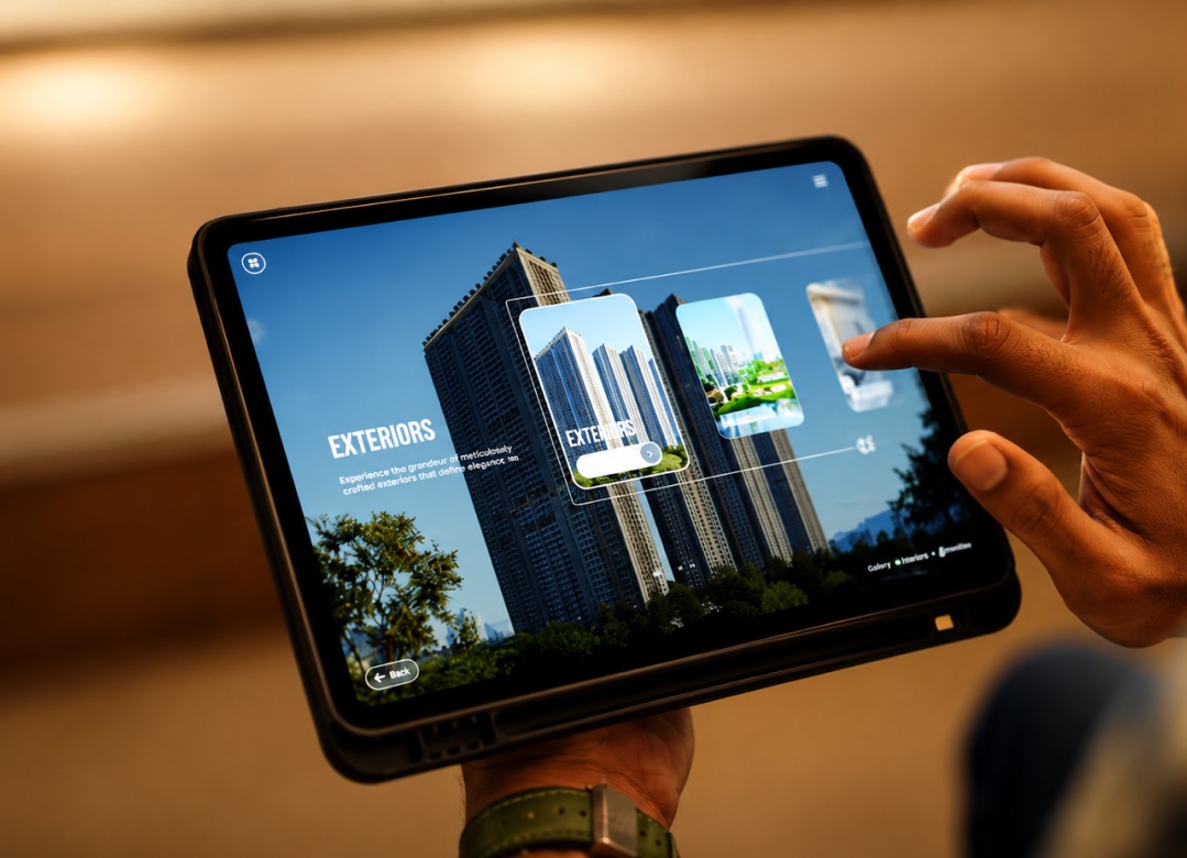 iPad interface displaying interactive 3D property visualisation and residential tower exploration