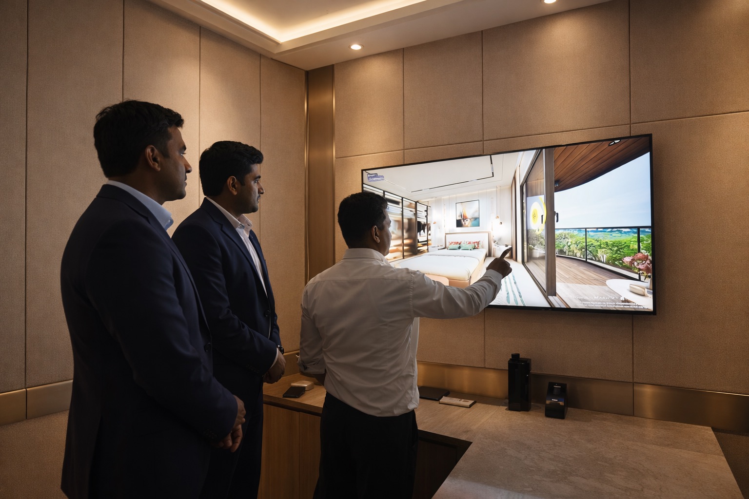 interactive 3D property walkthrough helping buyers explore apartment interiors and views on a digital screen