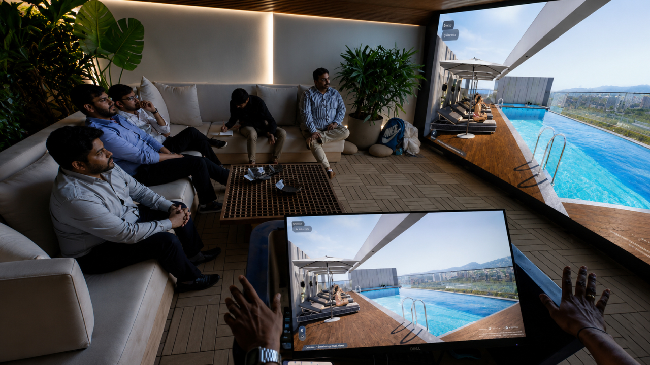 interactive pool walkthrough shown to buyers inside experience centre
