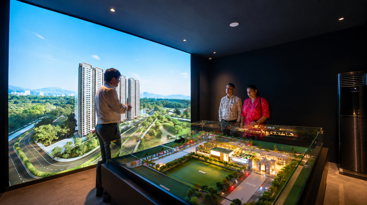 large interactive LED screen showing a residential tower