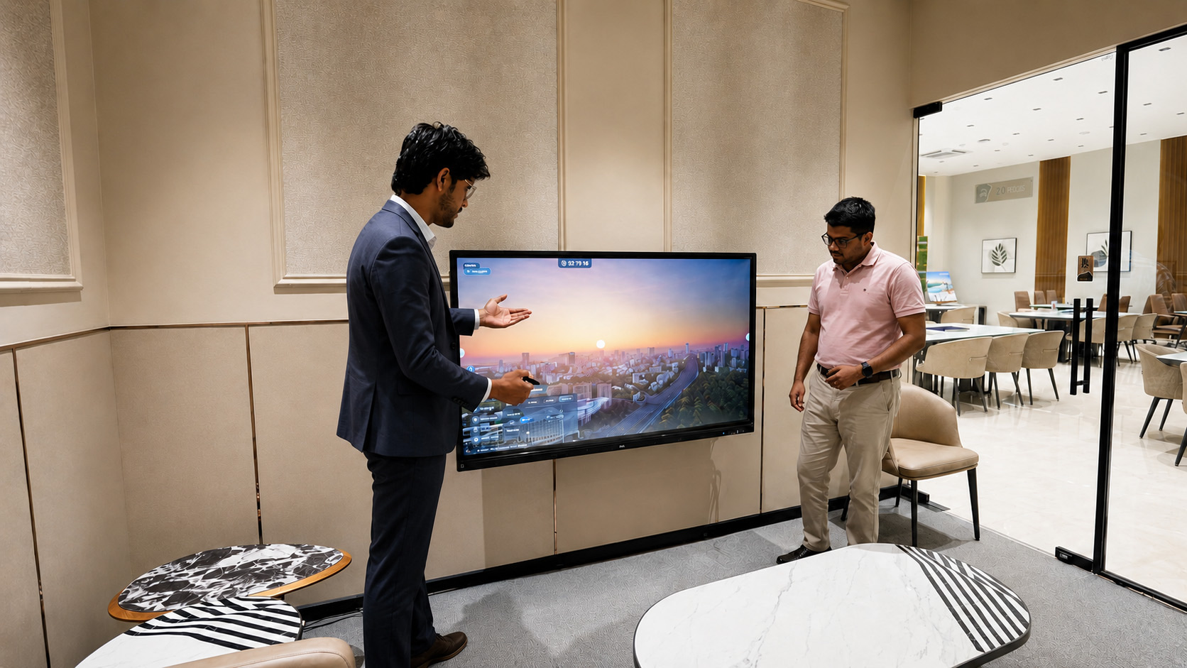 sales executive presenting an interactive 3D property view in the sales lounge