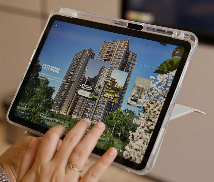 buyer exploring a 3D virtual property walkthrough on a tablet